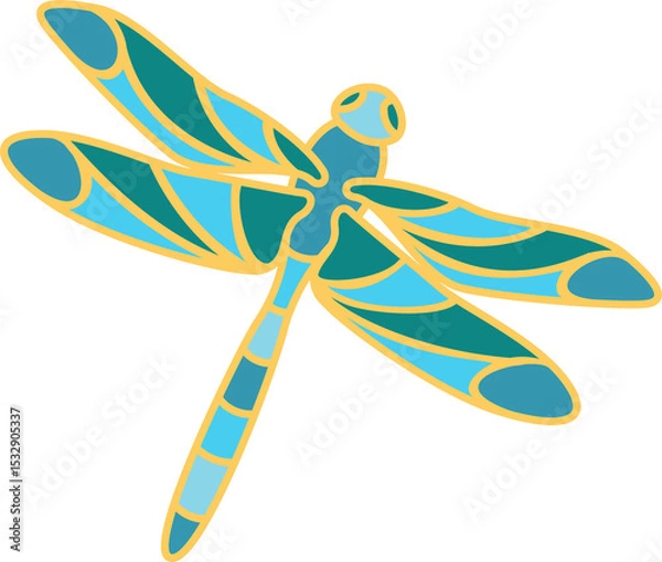 Fototapeta Stylized dragonfly is floating on transparent background with bold outlines and geometric wings