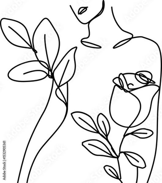 Fototapeta One line drawing is showing female bust entwined by rose stems and leaves on transparent background