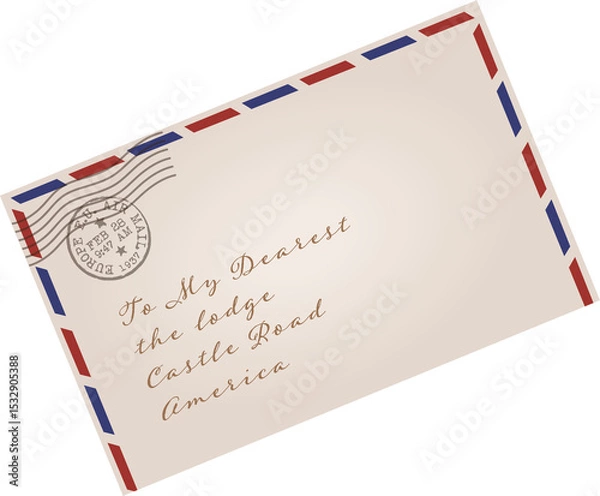 Obraz Vintage airmail envelope is angling on clear backdrop showing striped border stamp and cursive text