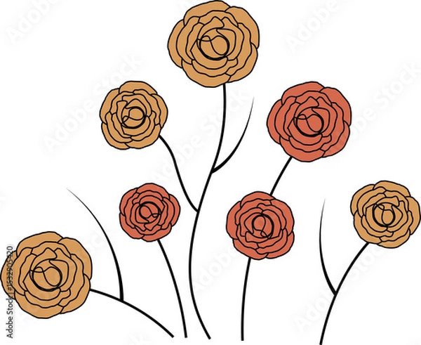 Fototapeta Showing seven yellow or coral stylized flowers on black stems in flat vector, transparent background