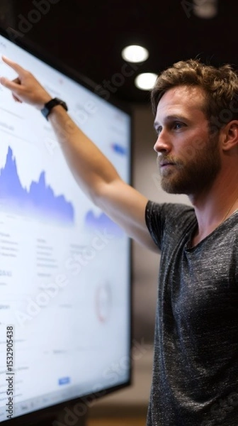Fototapeta Digital strategist analyzing Analytics heatmap on touchscreen monitor