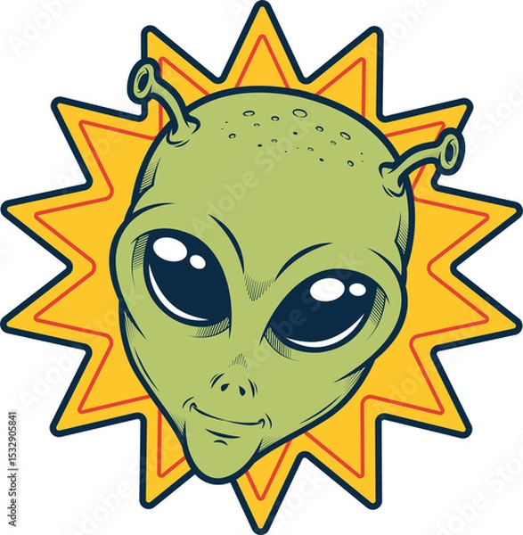 Obraz Comic-style green alien head is floating on transparent background, featuring yellow starburst