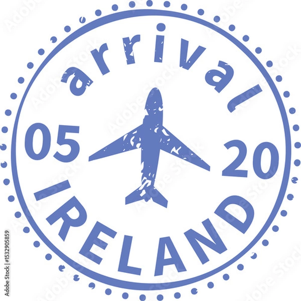 Fototapeta Showing blue stamp dotted ring arrival 05-20 Ireland text circling plane on transparent background