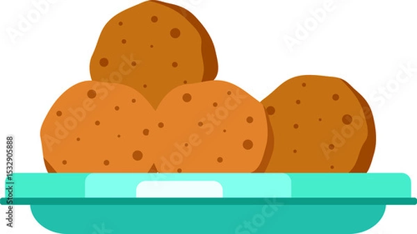 Fototapeta Four fried breaded balls are being shown on teal plate in flat illustration, transparent background