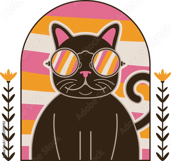 Obraz Flat cat is wearing round shades sitting under striped arch with flowers on clear background