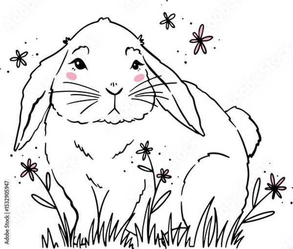 Obraz Line-drawn lop-eared rabbit is sitting in grass with pink-blush daisies on transparent background
