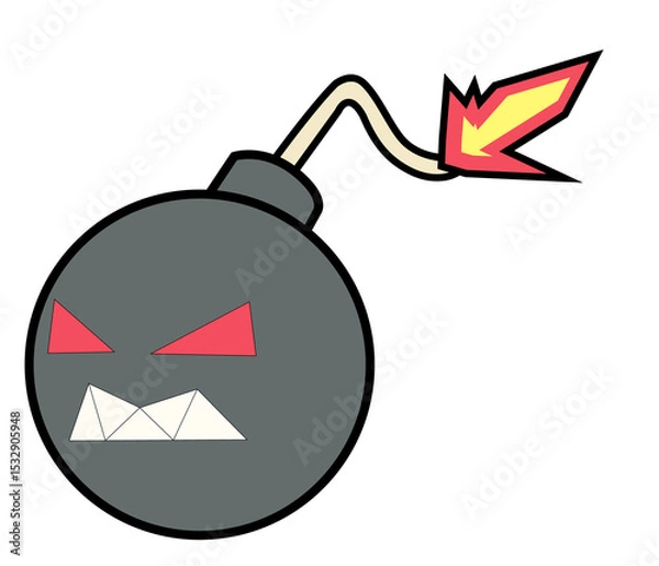 Fototapeta Stylized cartoon bomb is showing angry face with lit fuse and spark on transparent background
