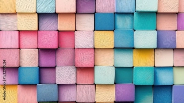 Fototapeta Geometric pastel wooden blocks forming a modern abstract pattern on a white background