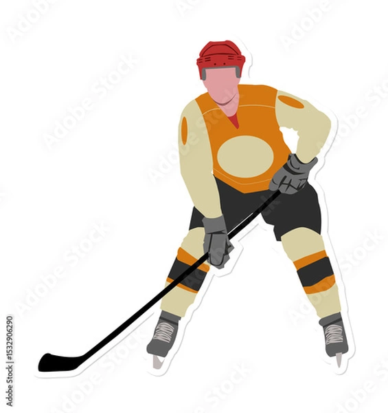 Obraz Ice hockey player is leaning forward in transparent flat vector, showing red helmet, stick, skates