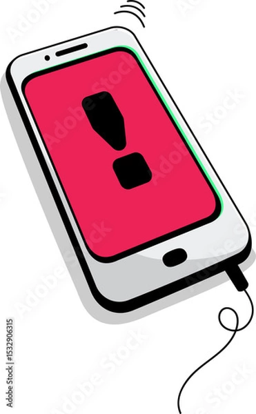 Obraz Flat design smartphone showing red alert exclamation mark, cable shaking on transparent background