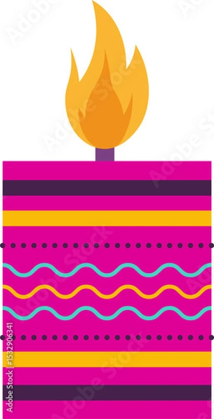 Fototapeta Decorative candle is glowing with striped body and flame in flat vector on transparent background
