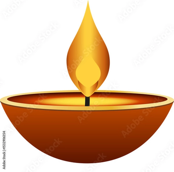 Fototapeta Stylized oil lamp bowl is glowing in vector art with wick, gradient flame on transparent background