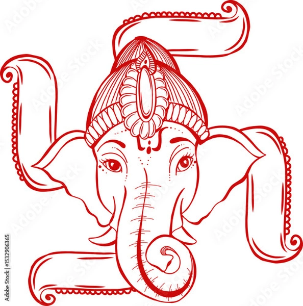 Fototapeta Stylized red line art elephant head is showing ornate crown curving lines on transparent background