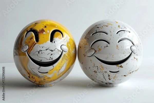 Fototapeta Two marble textured smiley spheres radiate joy with a blend of yellow, white, and abstract patterns