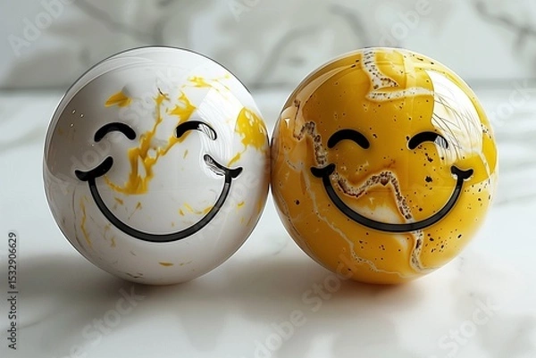 Fototapeta Joyful Union: Two Smiling Marble Spheres with Smiley Faces and Yellow Abstract Patterns