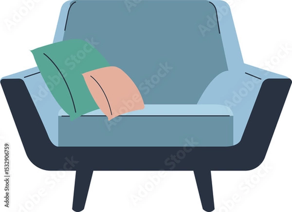 Fototapeta Showing geometric lounge chair on transparent background with light-blue seat, teal-peach pillows
