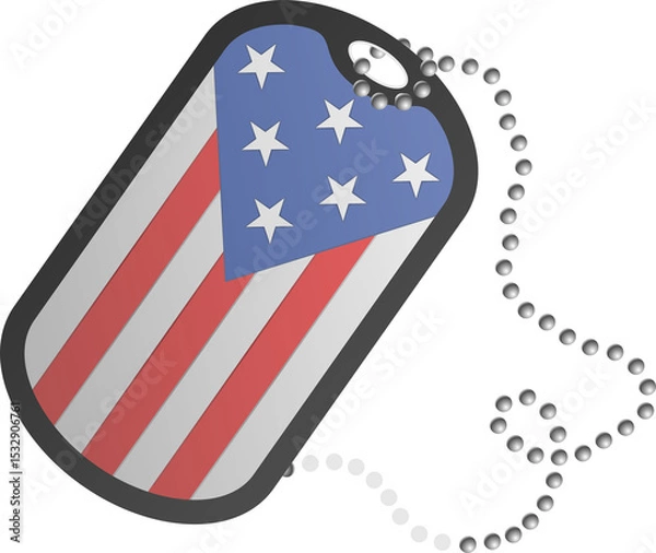 Obraz 3D US flag dog tag is floating on transparent background with star-heart overlay and silver chain