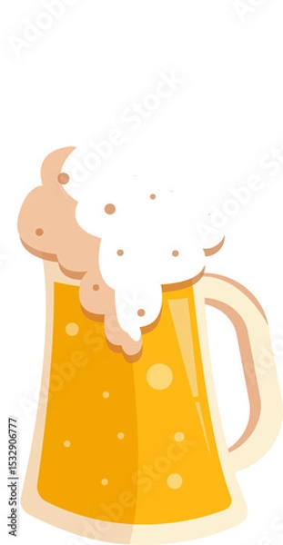 Fototapeta Flat design beer mug is brimming with frothy foam and rising bubbles on transparent background