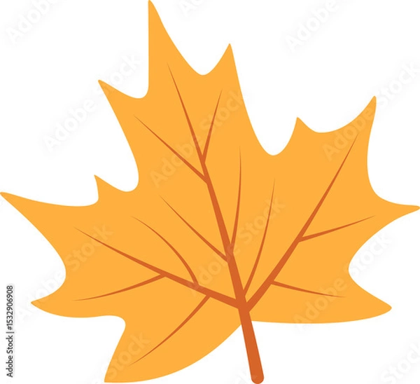 Fototapeta Bright orange maple leaf is floating in flat design on transparent background, showing vein network