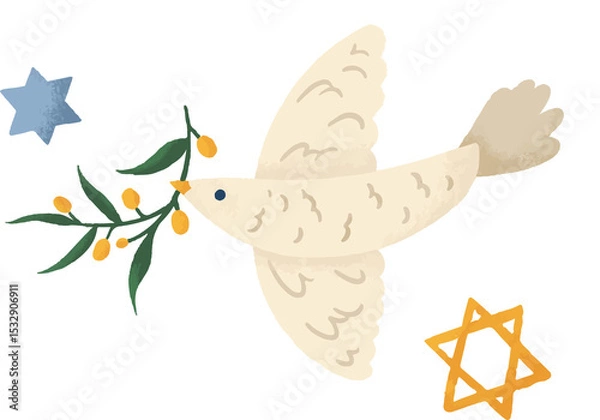 Fototapeta Sketch dove is carrying olive branch near blue star and yellow Star of David, transparent backdrop