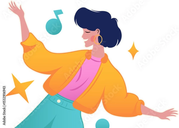 Fototapeta Flat illustration depicting dancing woman, floating music notes and stars on transparent background