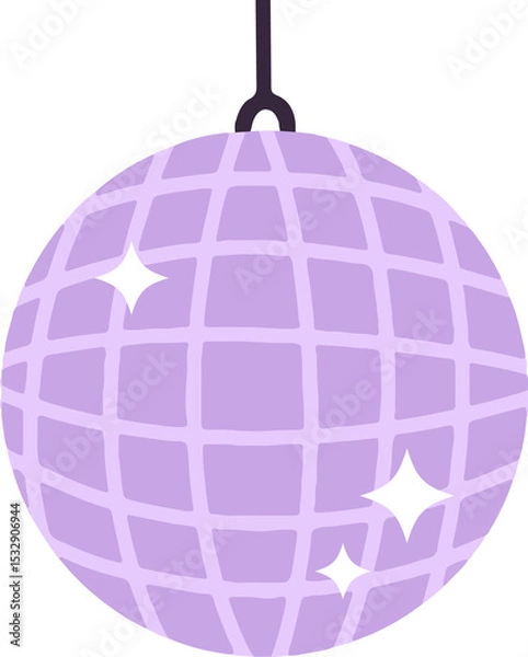 Obraz Flat design disco ball is hanging on purple cord with transparent background, grid facets sparkling