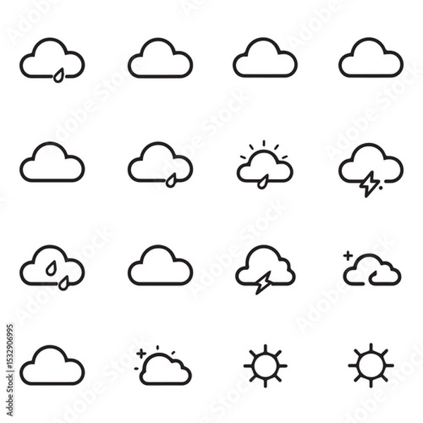 Fototapeta Weather icons set cloud rain sun lightning outline style