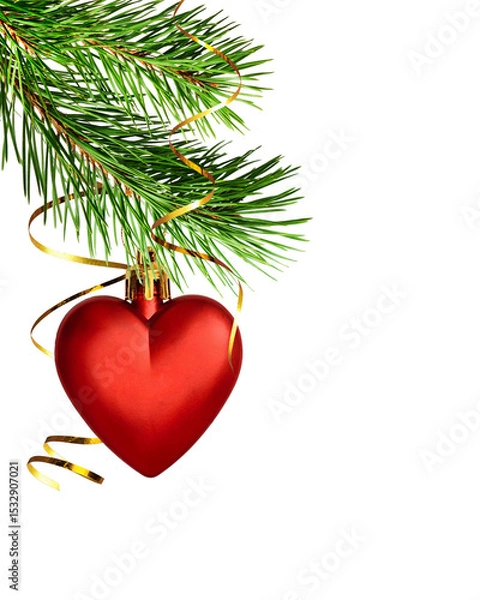 Fototapeta Christmas corner decoration with pine twigs and red heart isolated on white or transparent background