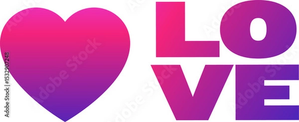 Obraz Gradient heart icon and gradient LOVE text are floating on transparent background in flat design