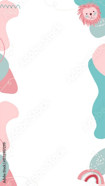 Fototapeta Decorative border framing transparent area showing pastel shapes lion head and rainbow, copy space