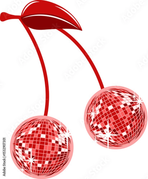 Obraz Pair of disco ball cherries is hanging from curved stem in flat vector, transparent background