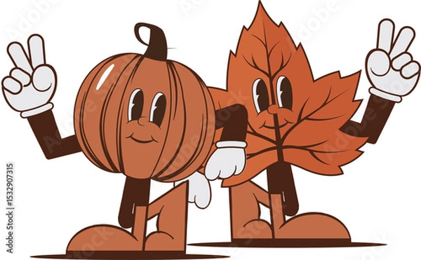 Obraz Anthropomorphic pumpkin and maple leaf showing peace signs in flat design on transparent background
