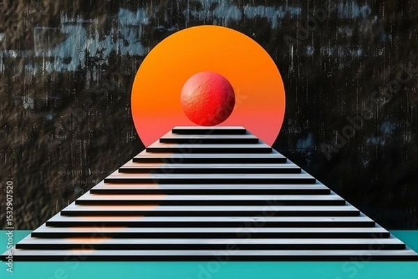 Fototapeta Surreal Pyramid and Sphere with Vibrant Sunset, Exploring Dimensional Boundaries of Art
