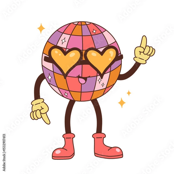 Obraz Flat design disco ball is dancing on transparent background with heart shades, boots and sparkles