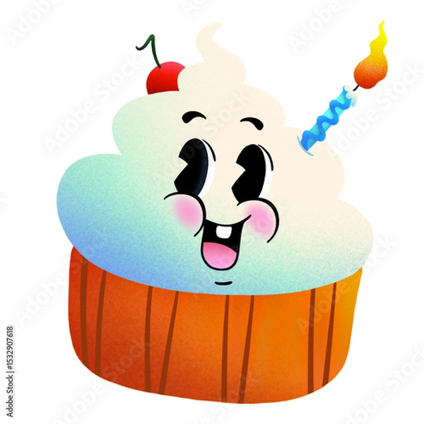 Fototapeta Cartoon cupcake is showing smiling face with cherry and birthday candle on transparent background