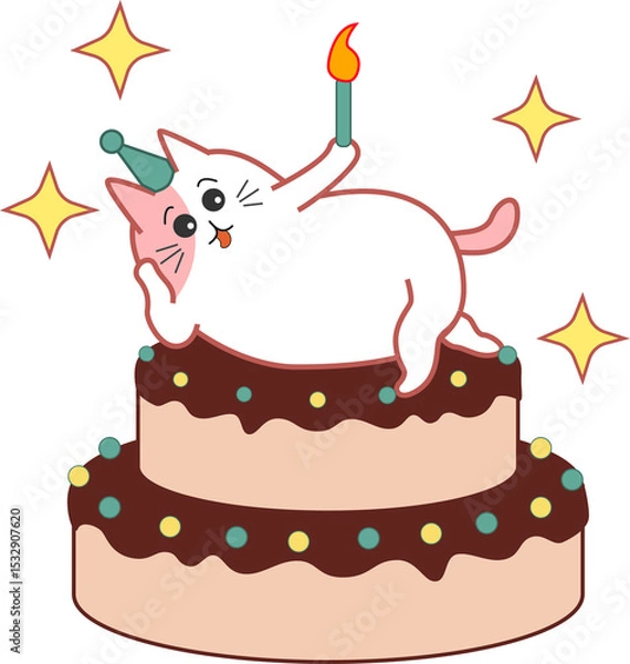 Fototapeta White cat is lounging on flat design tiered cake with lit candle, green hat, sparkles, transparent