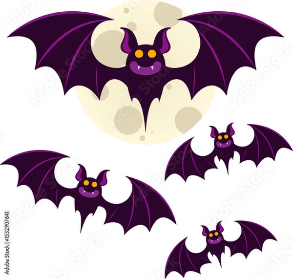Obraz Stylized illustration is depicting five purple bats flying across full moon, transparent background