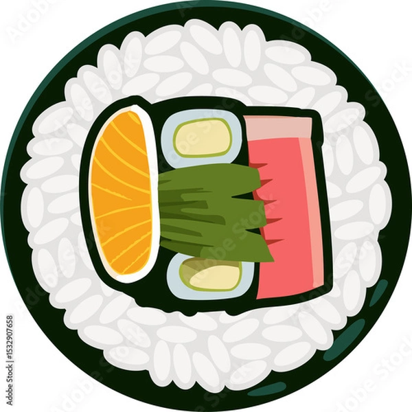 Fototapeta Stylized sushi slice showing flat-design seaweed rice fish avocado veggie strips on transparent bg