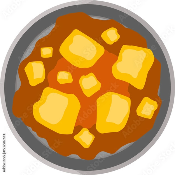 Fototapeta Flat illustration showing gray plate with orange stew and yellow chunks on transparent background