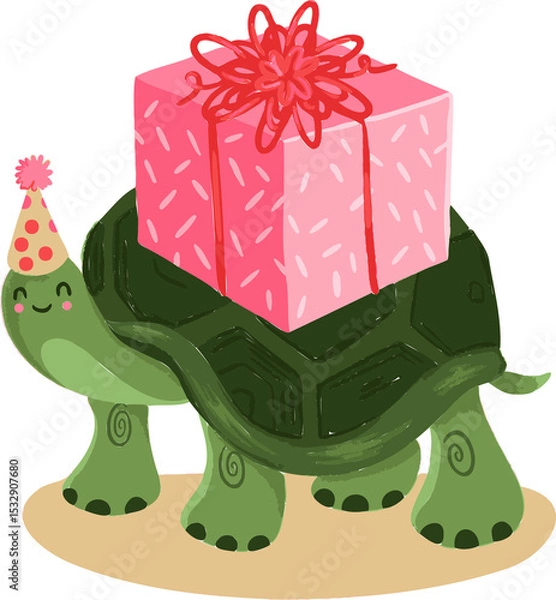 Fototapeta Flat design turtle is balancing pink gift on green shell wearing polka-dot hat, transparent bg