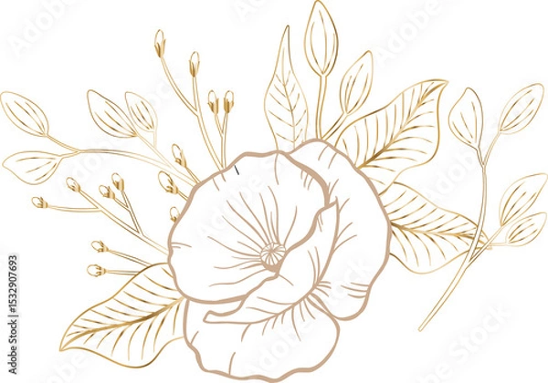 Fototapeta Stylized floral motif is showing golden flower, leaves, buds in line art on transparent background