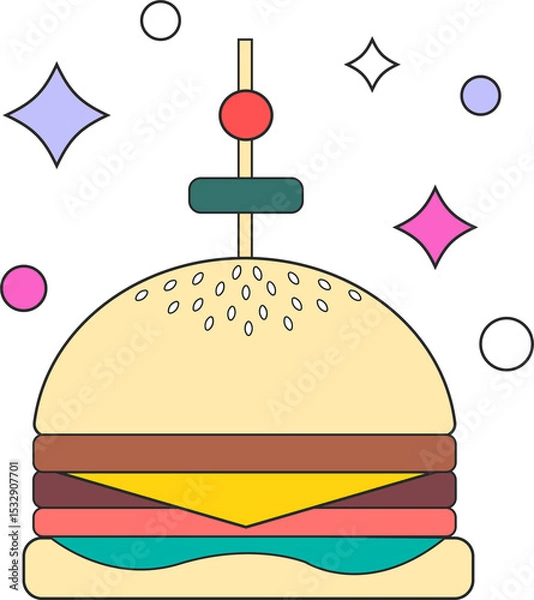 Fototapeta Flat design hamburger is floating on transparent background showcasing skewer and geometric decor