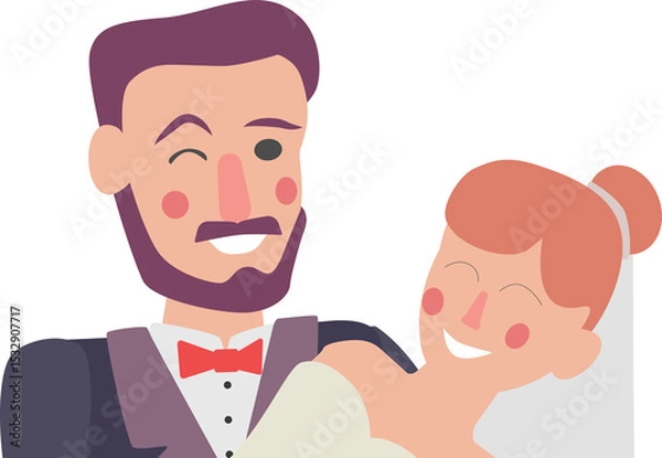 Obraz Newlywed couple is posing chest-up in cartoon vector with red bow tie, veil, transparent background