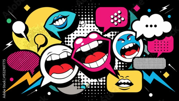 Fototapeta Trendy Pop Art Mouths and Colorful Speech Bubbles in Retro Comic Style Collage on Black  Generative AI