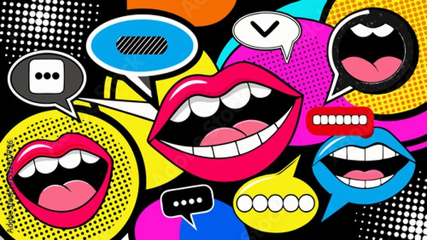 Fototapeta Trendy Pop Art Mouths and Colorful Speech Bubbles in Retro Comic Style Collage on Black  Generative AI