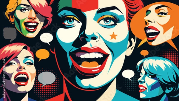 Fototapeta Trendy Pop Art Mouths and Colorful Speech Bubbles in Retro Comic Style Collage on Black  Generative AI