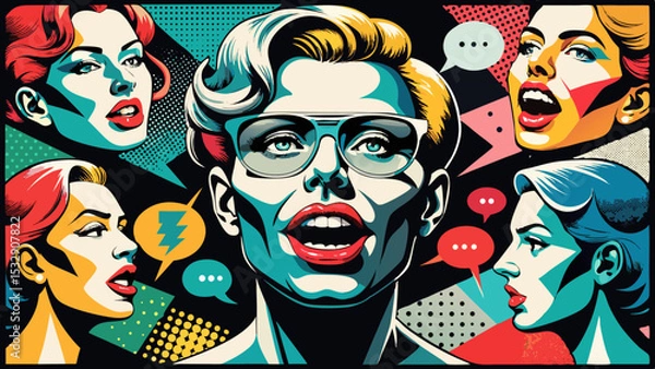 Fototapeta Trendy Pop Art Mouths and Colorful Speech Bubbles in Retro Comic Style Collage on Black  Generative AI