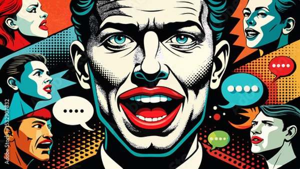 Fototapeta Trendy Pop Art Mouths and Colorful Speech Bubbles in Retro Comic Style Collage on Black  Generative AI