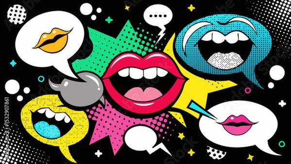 Fototapeta Trendy Pop Art Mouths and Colorful Speech Bubbles in Retro Comic Style Collage on Black  Generative AI