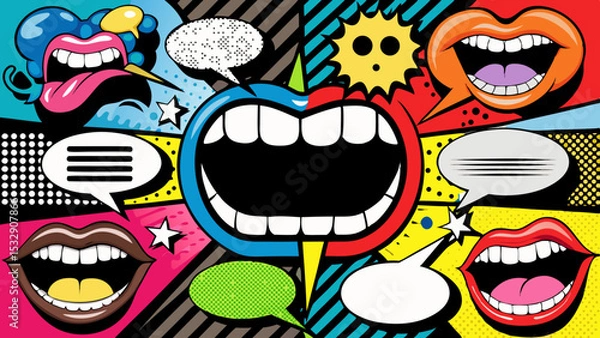 Fototapeta Trendy Pop Art Mouths and Colorful Speech Bubbles in Retro Comic Style Collage on Black  Generative AI